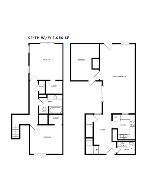 Floor plan for 3 beds, 2 baths, 1050 sqft